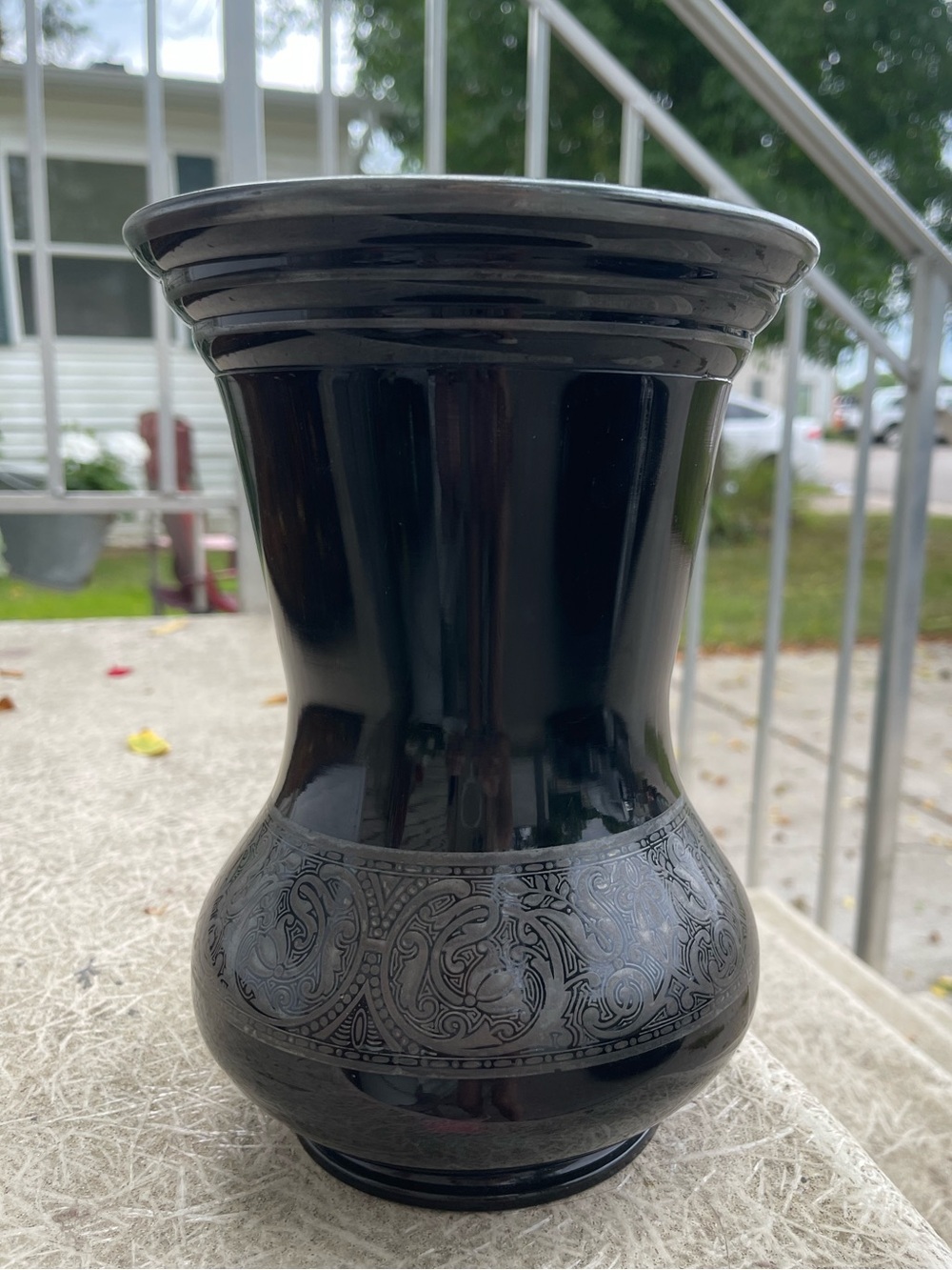 Antique Amethyst black tinted purple with sterling silver engraving vase